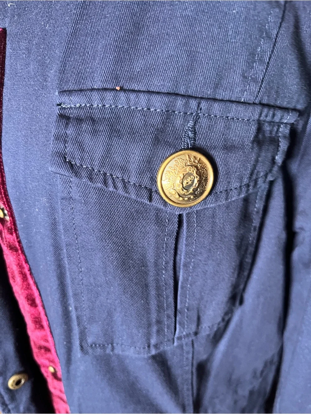 Steve Madden Navy Military Jacket with gold accents, women’s size large.